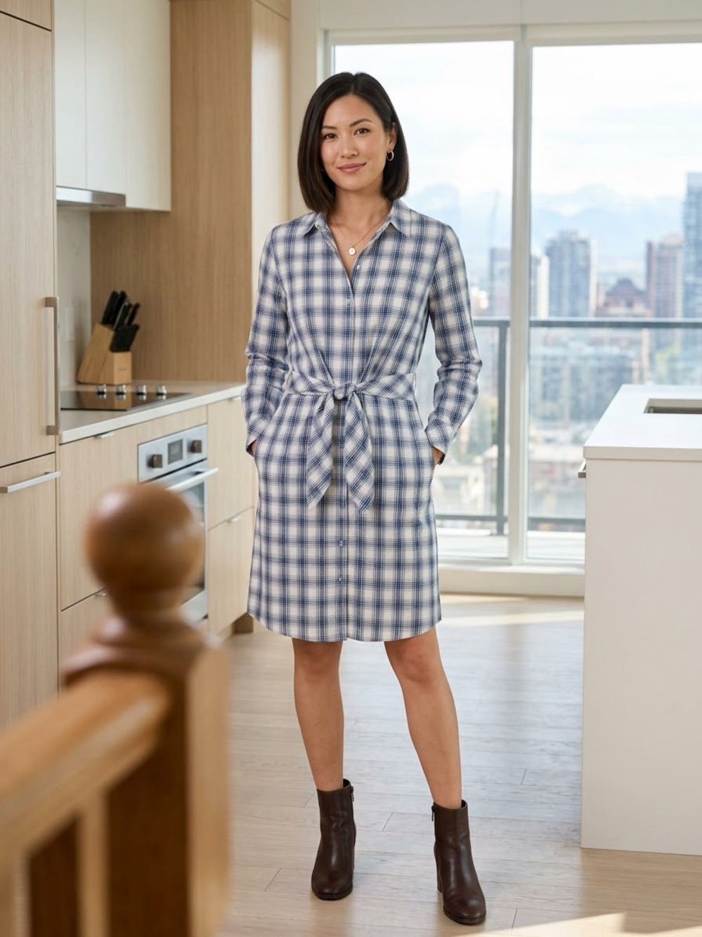 Calvin Klein Blue and White Plaid Tie-Waist Shirt Dress